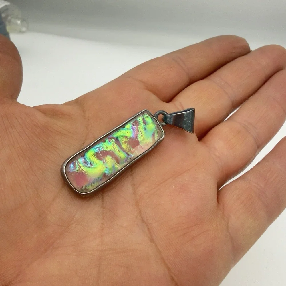 Vtg Charles Albert Opalacence Dichroic Art Glass  Pendant Fine Streling Modernis